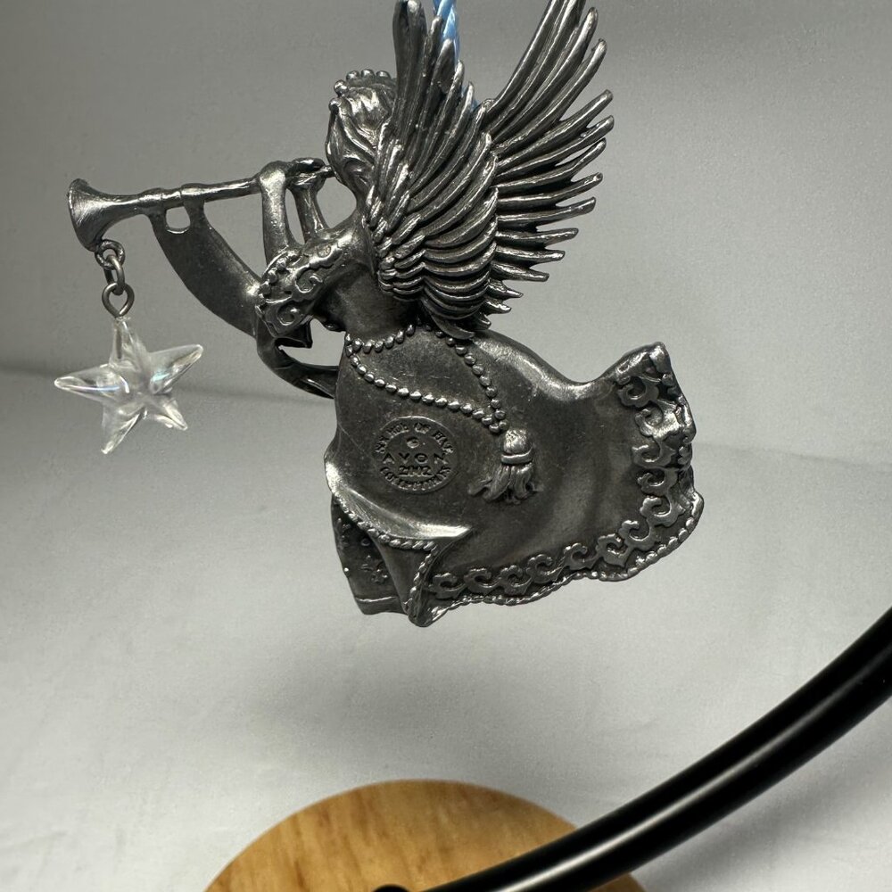 Vintage Avon Pewter Angel Ornament With Trumpet & Crystal Hanging Star Christmas - Picture 3 of 12